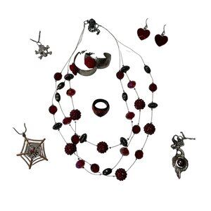 7 Piece Red, Black Silver Jewelry Set with Harley Quinn Ring and more